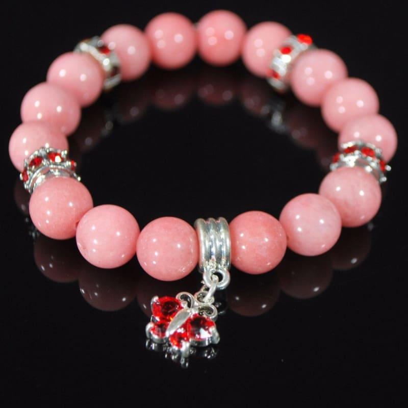 Morganite Pink Gemstone With Red Charm Beaded Womens Bracelets - Handmade