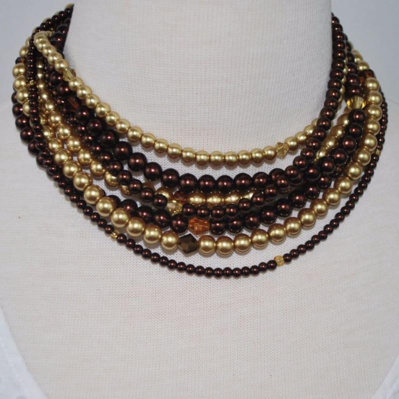 Multi Strand Brown/ Gold Two Toned Glass Pearls Necklace - Handmade
