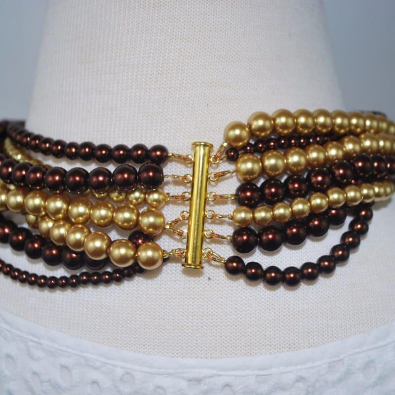 Multi Strand Brown/ Gold Two Toned Glass Pearls Necklace - Handmade