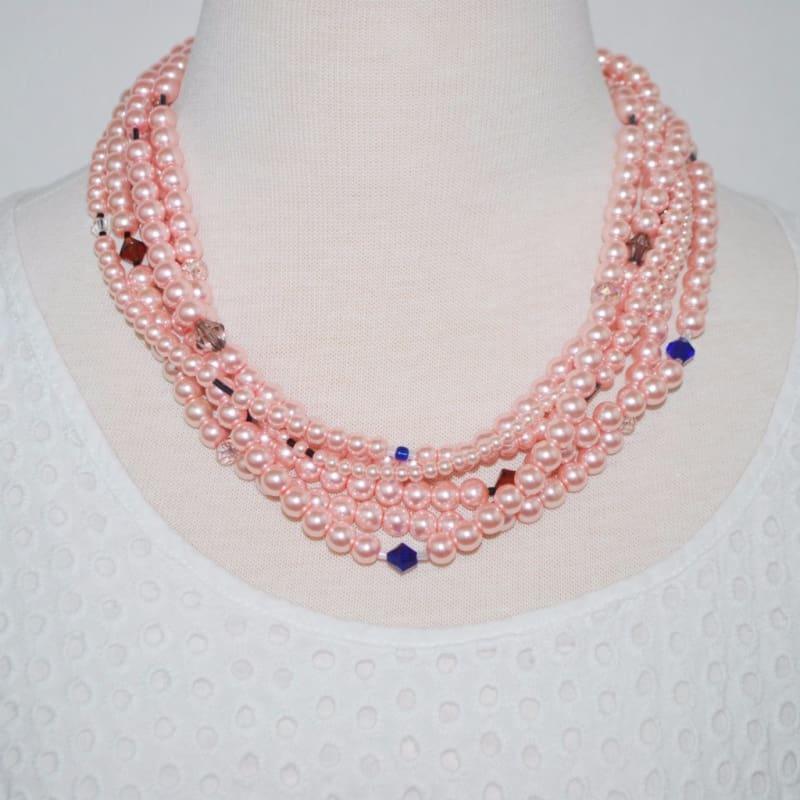 Multi Strand Pink Glass Pearls Necklace - Handmade