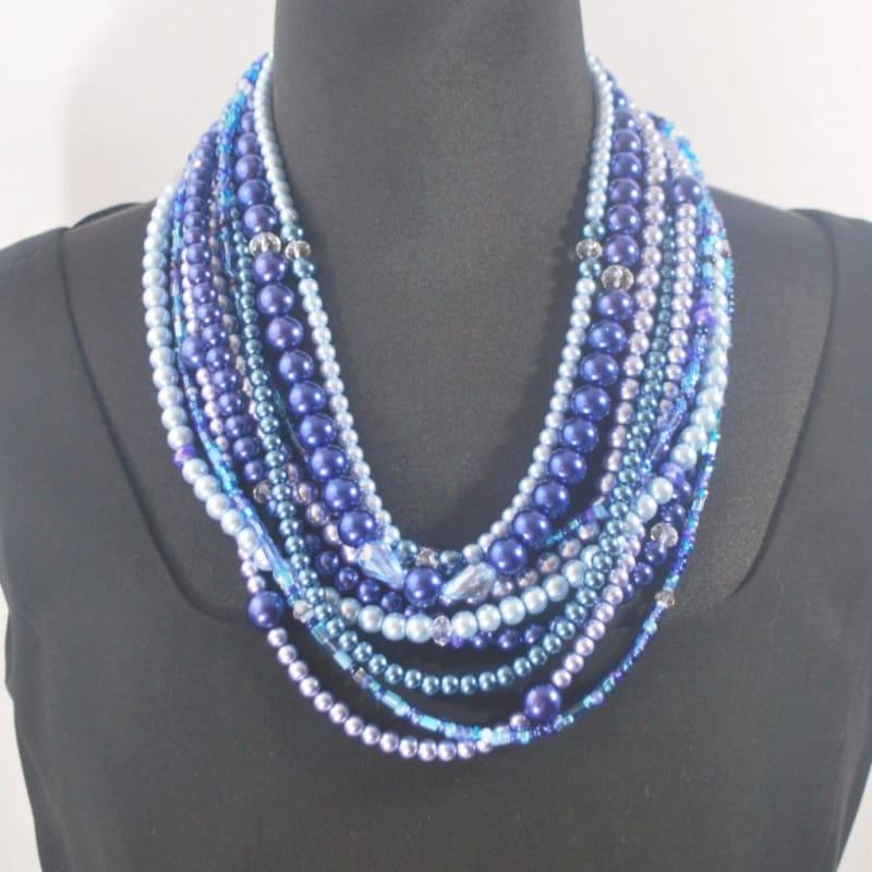 Multi Strand Shades Of Blue Glass Pearls Necklace - Handmade
