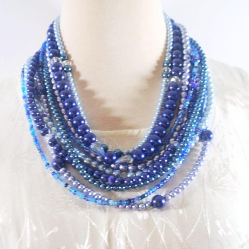 Multi Strand Shades of Blue Glass Pearls Necklace - Handmade