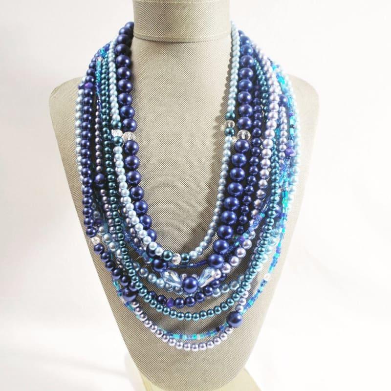 Multi Strand Shades of Blue Glass Pearls Necklace - Handmade