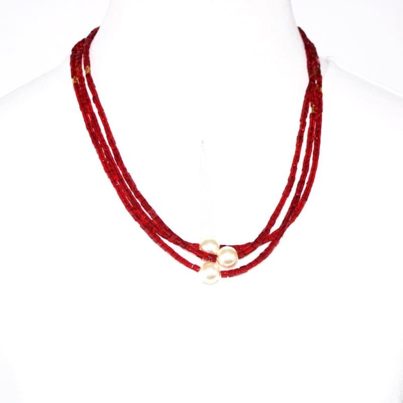 Multi Strands Red Beads With Pearl Ascent Elegant Necklace - Handmade