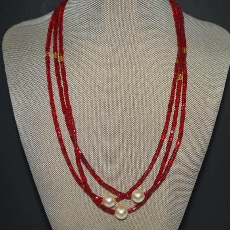 Multi Strands Red Beads With Pearl Ascent Elegant Necklace - Handmade