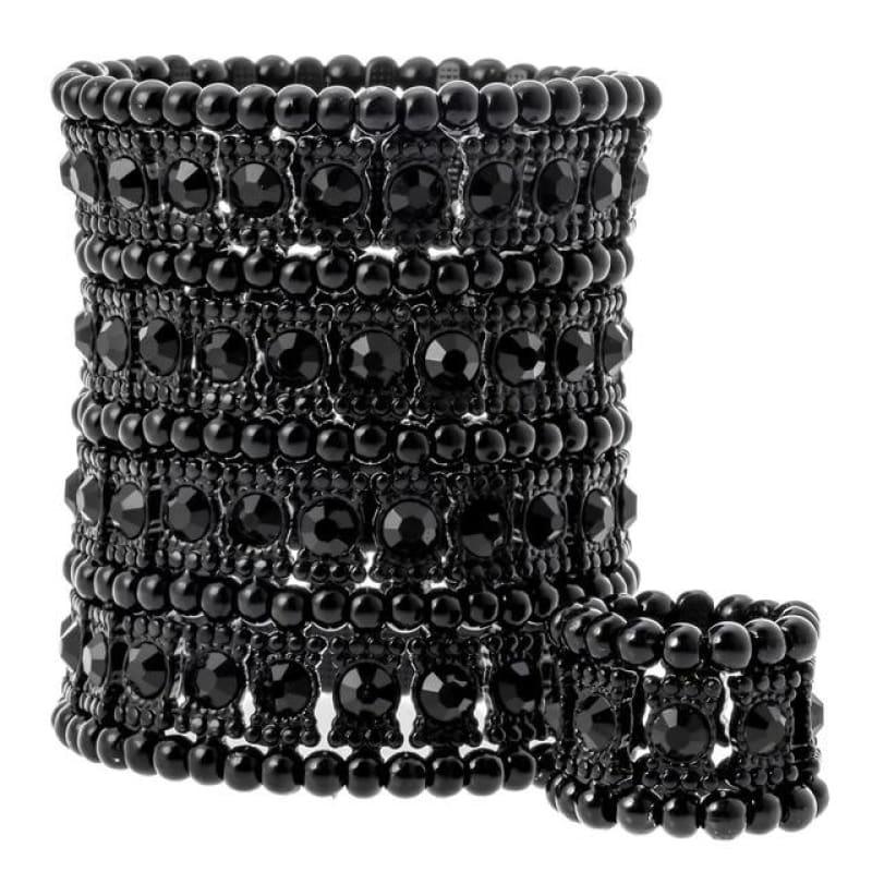 Multilayer Stretch Cuff Bracelet Ring Jewelry Sets - black / China - bracelets