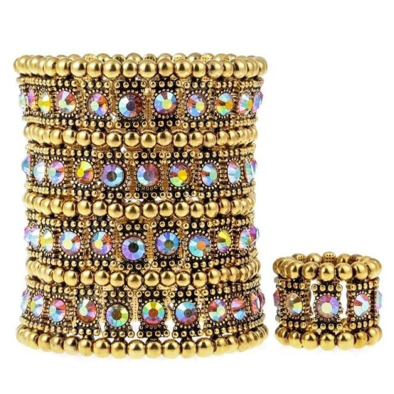 Multilayer Stretch Cuff Bracelet Ring Jewelry Sets - gold AB / China - bracelets