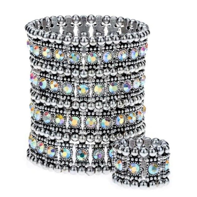 Multilayer Stretch Cuff Bracelet Ring Jewelry Sets - silver AB / China - bracelets