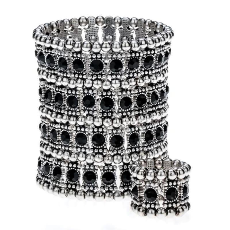 Multilayer Stretch Cuff Bracelet Ring Jewelry Sets - silver black / China - bracelets