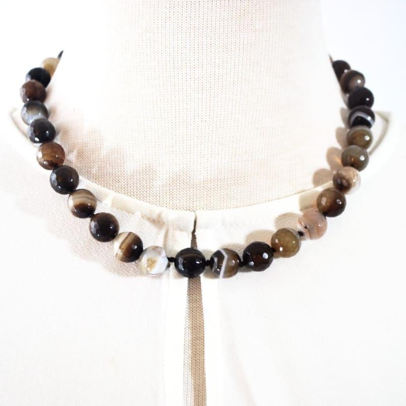 Natural Brown Onyx Stripe Agate Beaded Necklace - Handmade