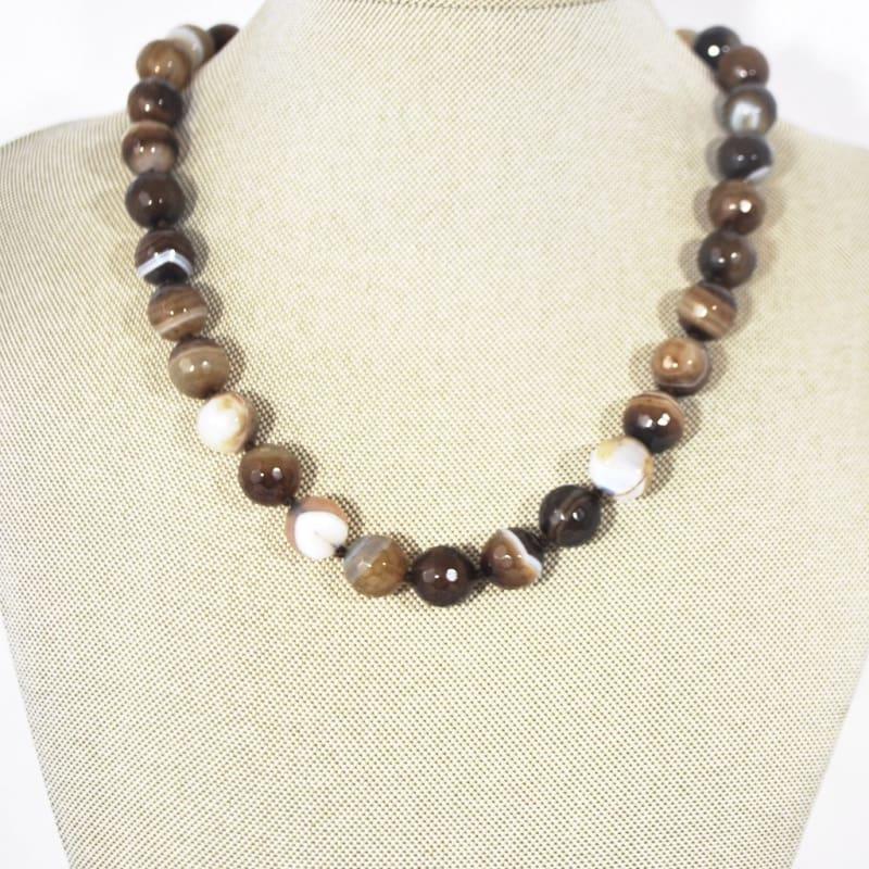 Natural Brown Onyx Stripe Agate Beaded Necklace - Handmade