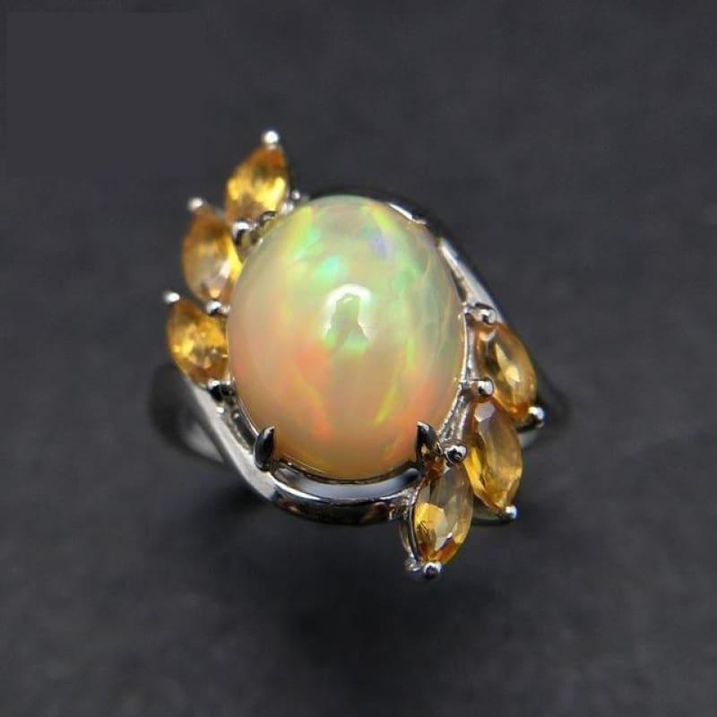 Natural Ethiopian Colorful Opal oval 10*12mm with Brazilian Citrine Gemstone Ring - 6 / yellow opal - rings