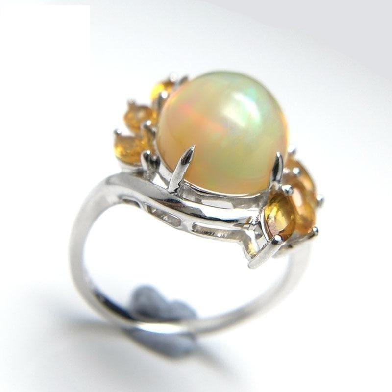 Natural Ethiopian Colorful Opal oval 10*12mm with Brazilian Citrine Gemstone Ring - rings