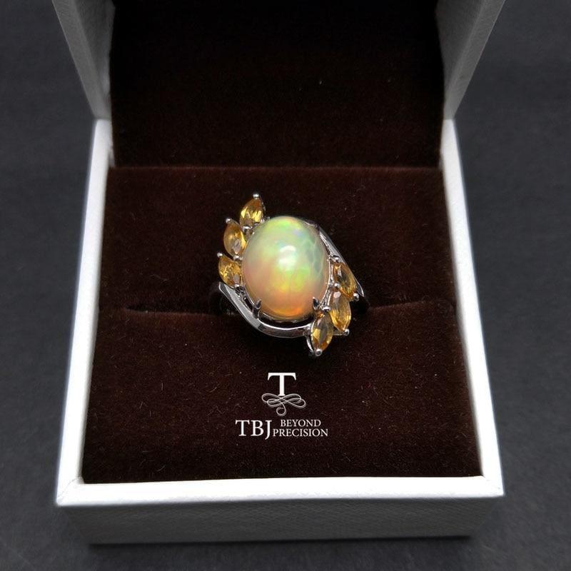 Natural Ethiopian Colorful Opal oval 10*12mm with Brazilian Citrine Gemstone Ring - rings