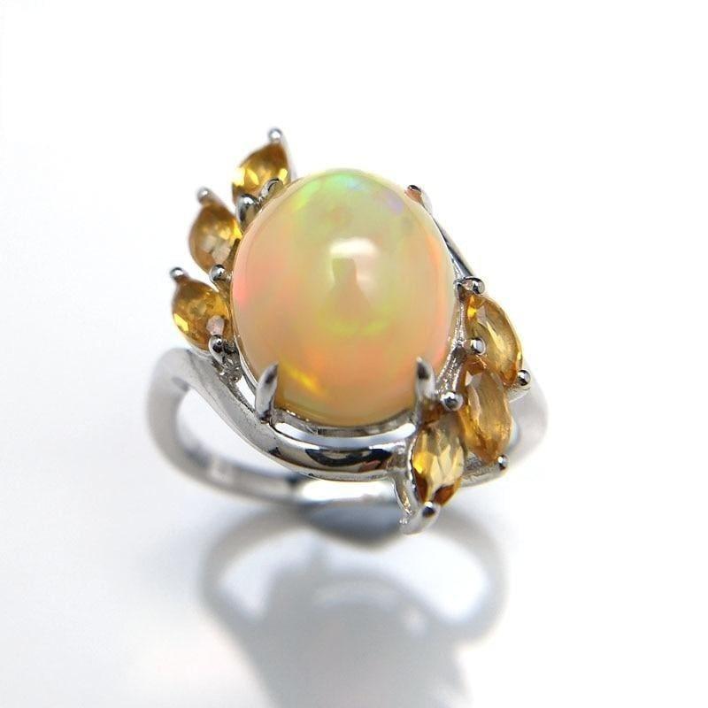 Natural Ethiopian Colorful Opal oval 10*12mm with Brazilian Citrine Gemstone Ring - rings
