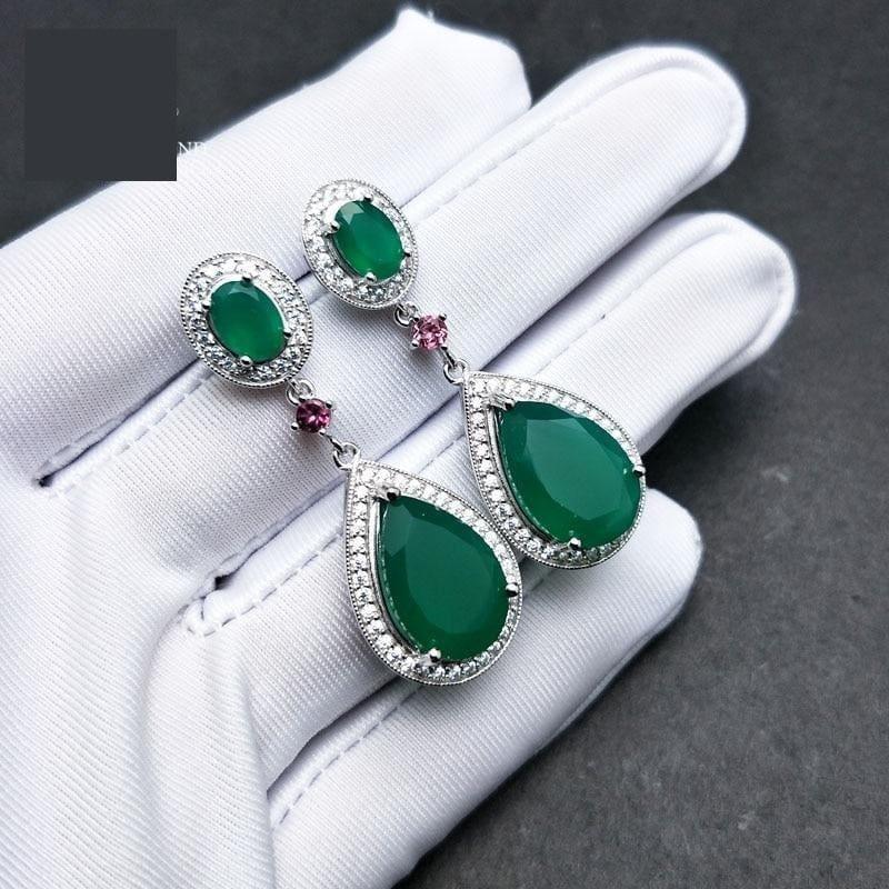 Natural Green Agate Water Drop 925 Sterling Silver Fine Jewelry Clasp Earrings - earrings