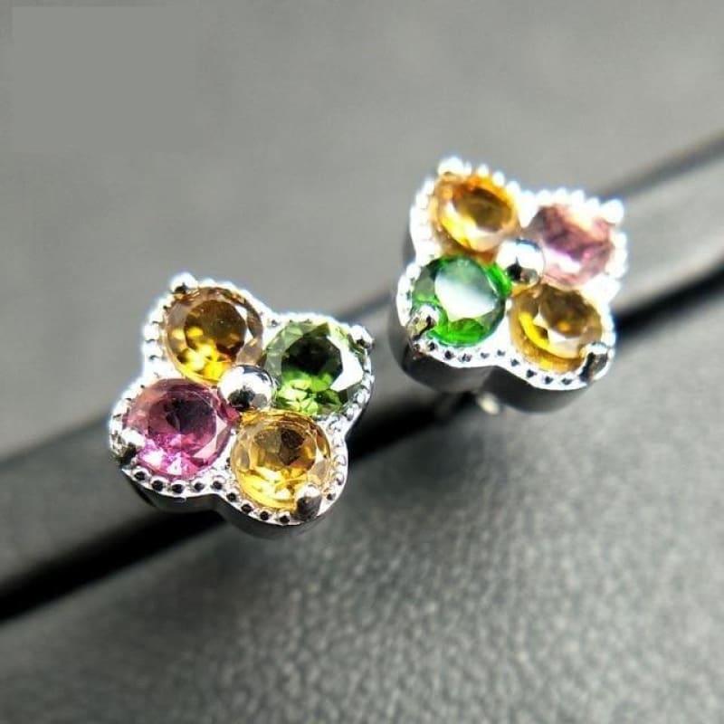 Natural Tourmaline 925 Sterling Silver Cute Small Romantic Colorful Earrings - tourmaline - earrings