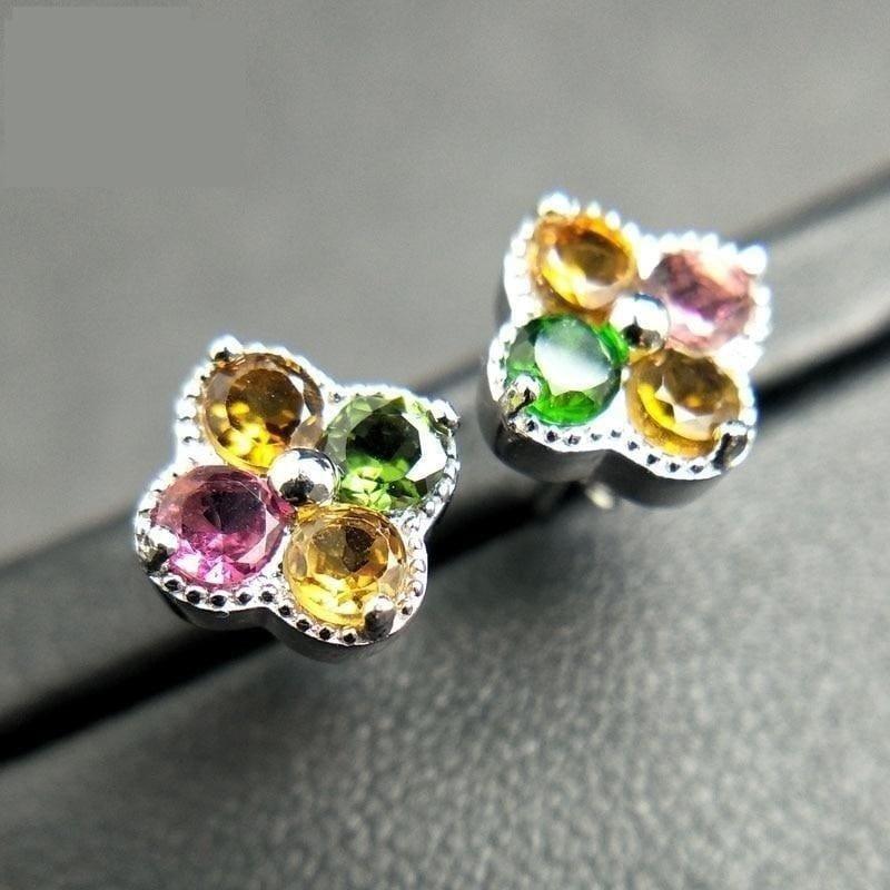 Natural Tourmaline 925 Sterling Silver Cute Small Romantic Colorful Earrings - earrings