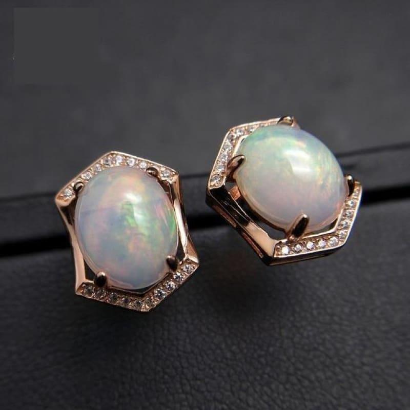 Natural White Ethiopian Opal Oval Cut 8*10mm 925 Sterling Silver Gemstone Studs Earrings - Multi - Earrings