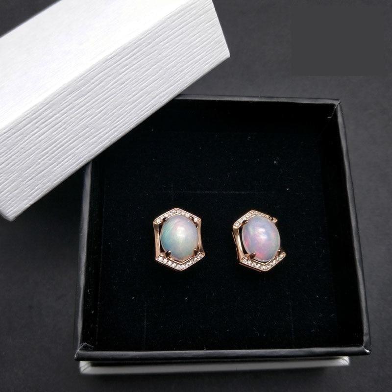 Natural White Ethiopian Opal Oval Cut 8*10mm 925 Sterling Silver Gemstone Studs Earrings - Earrings