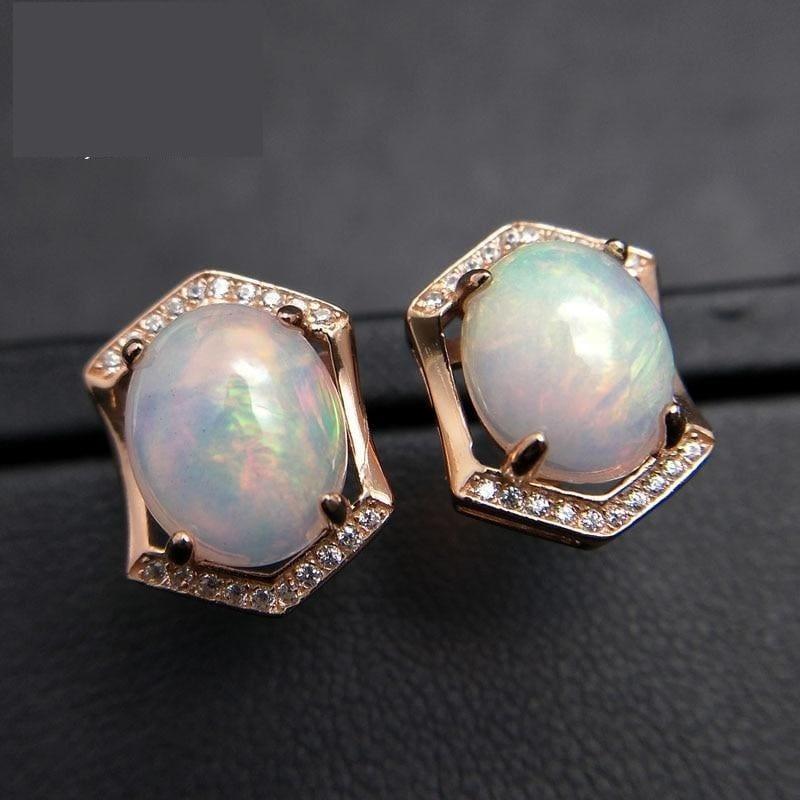 Natural White Ethiopian Opal Oval Cut 8*10mm 925 Sterling Silver Gemstone Studs Earrings - Earrings