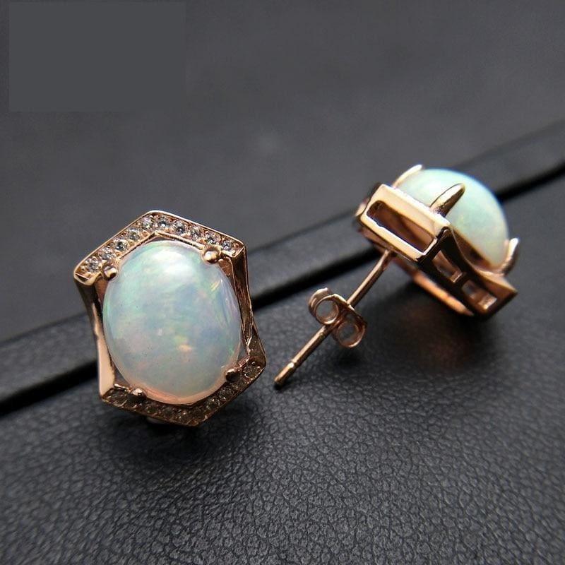 Natural White Ethiopian Opal Oval Cut 8*10mm 925 Sterling Silver Gemstone Studs Earrings - Earrings