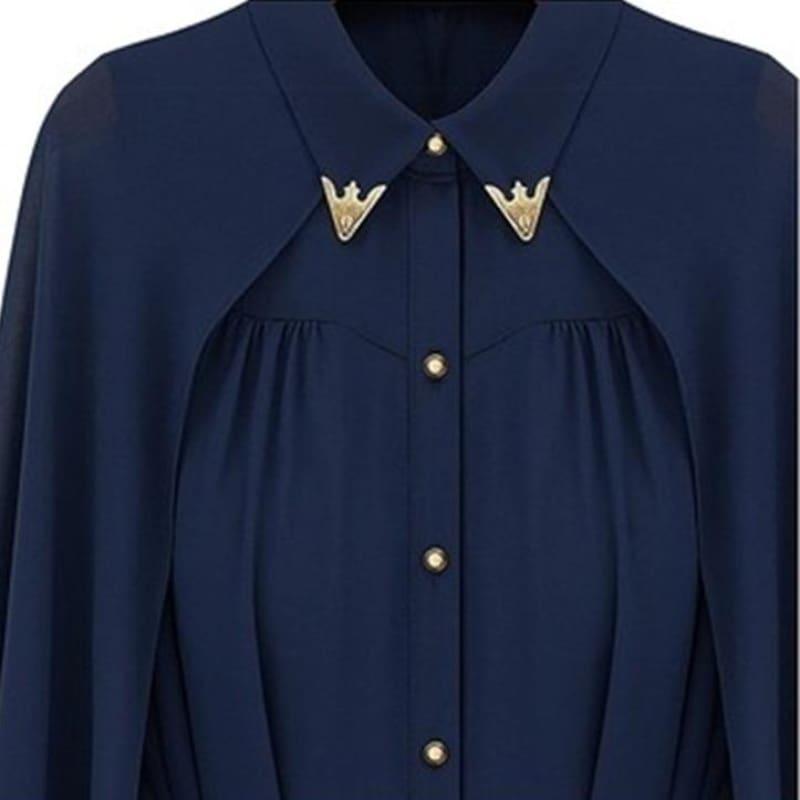 Navy Blue Beige Chiffon Cloak Blouse - Long Sleeves