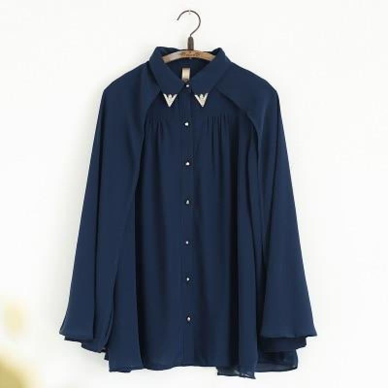 Navy Blue Beige Chiffon Cloak Blouse - Long Sleeves
