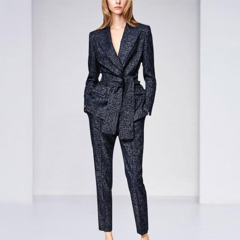 Navy Blue Blazer Pants Suit Set - Navy Blue / S - Set