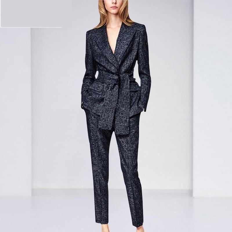 Navy Blue Blazer Pants Suit Set - Set