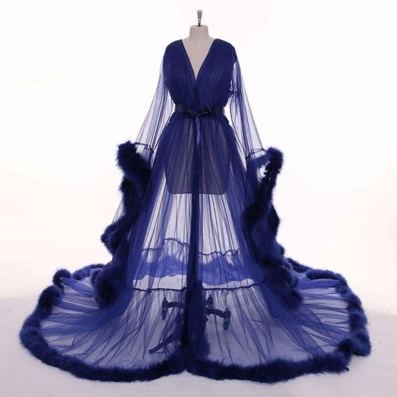 Navy Blue Feather Long Sleeve Tulle See-through Evening Dress Gown