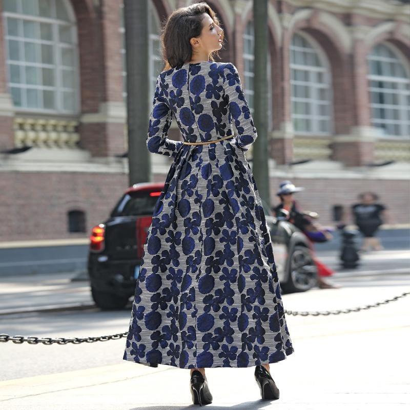 Navy Blue Floral Jacquard Long Sleeve Vintage Formal Maxi Dress - gown