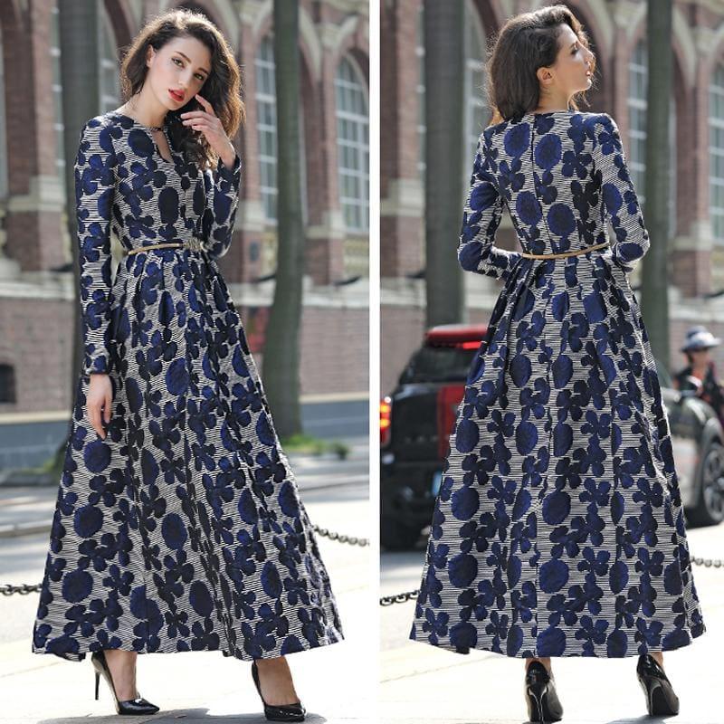Navy Blue Floral Jacquard Long Sleeve Vintage Formal Maxi Dress - gown