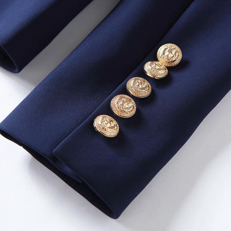 Navy Blue Gold Buttons Double Breasted Women Blazers - Jackets