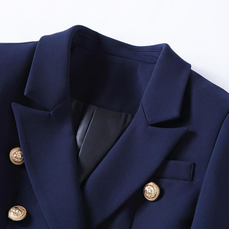 Navy Blue Gold Buttons Double Breasted Women Blazers - Jackets