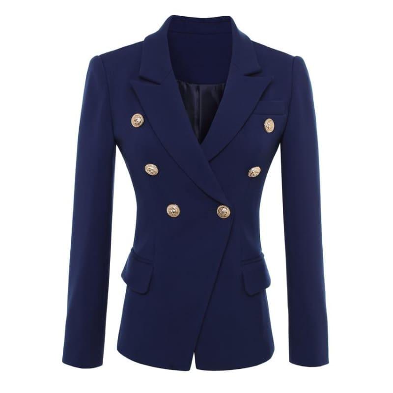 Navy Blue Gold Buttons Double Breasted Women Blazers - Jackets