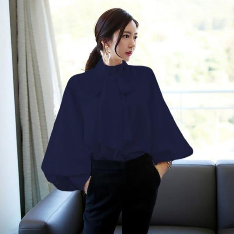 Navy Blue Satin Lantern Sleeve Women Lace up Blouse - long sleeve