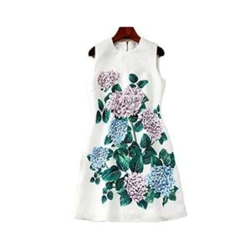New Arrival Fashion Pretty Leaf Flower Print 3D Appliques White Sleeveless Vintage Mini Dress - as photo / S - mini dress