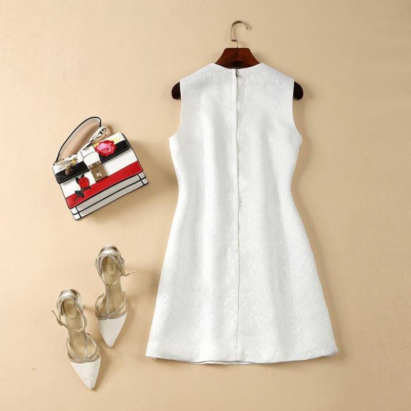New Arrival Fashion Pretty Leaf Flower Print 3D Appliques White Sleeveless Vintage Mini Dress - mini dress