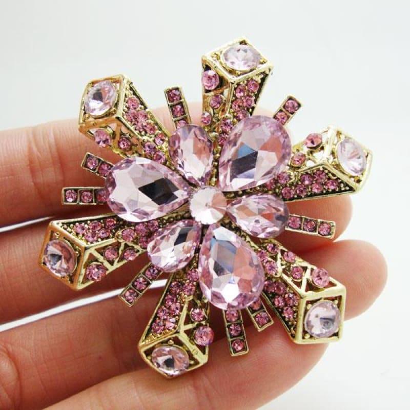New Elegant Pink Snowflake Flower Brooch Rhinestone Crystal Pendant - brooch