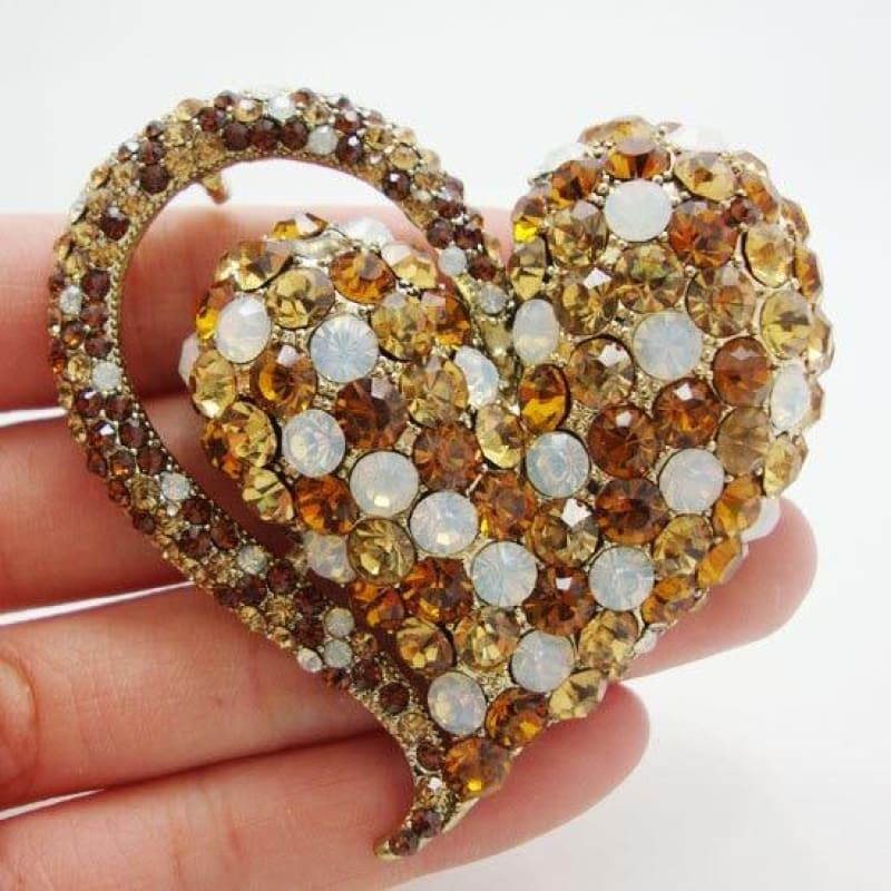 New Elegant Retro Love Heart Pendant Brooch Pin Brown Austrian Crystal Rhinestones - brooch