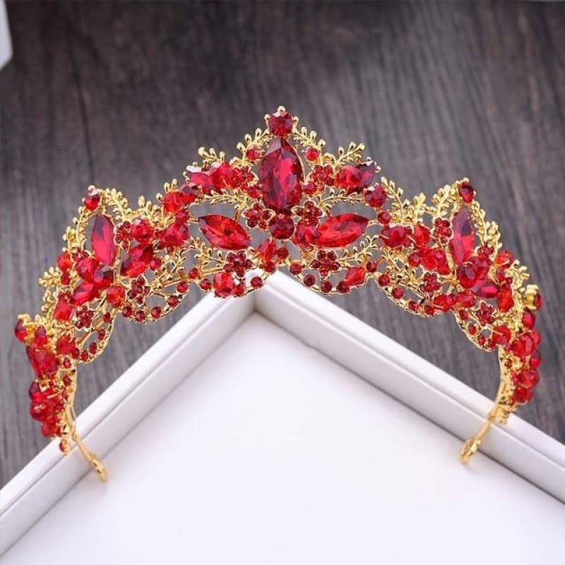 New Fashion Baroque Luxury Red Crystal Bridal Crown Tiaras Vintage Bride Wedding Hair Accessories - Red - hair clips