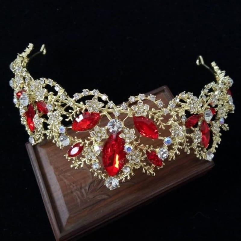 New Fashion Baroque Luxury Red Crystal Bridal Crown Tiaras Vintage Bride Wedding Hair Accessories - Gold - hair clips