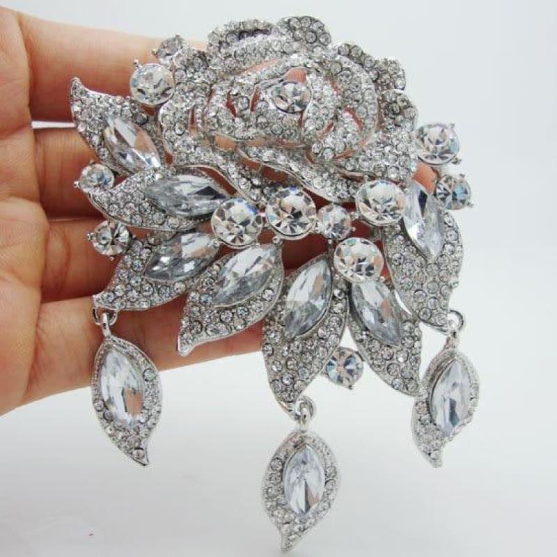 New Fashion Elegant Bridal Clear Rhinestone Crystal Art Deco Flower Rose Brooch Pin - Brooch