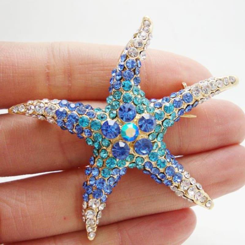 New Fashion Starfish Blue Rhinestone Crystal Gold Tone Brooch Pin Gift - Default title - brooch