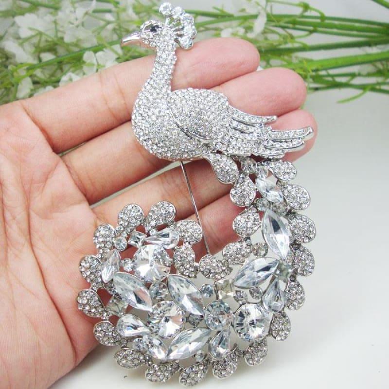 New Luxurious Bride Peacock Bird Brooch Pin Clear Austria Crystal Silver Tone - brooch