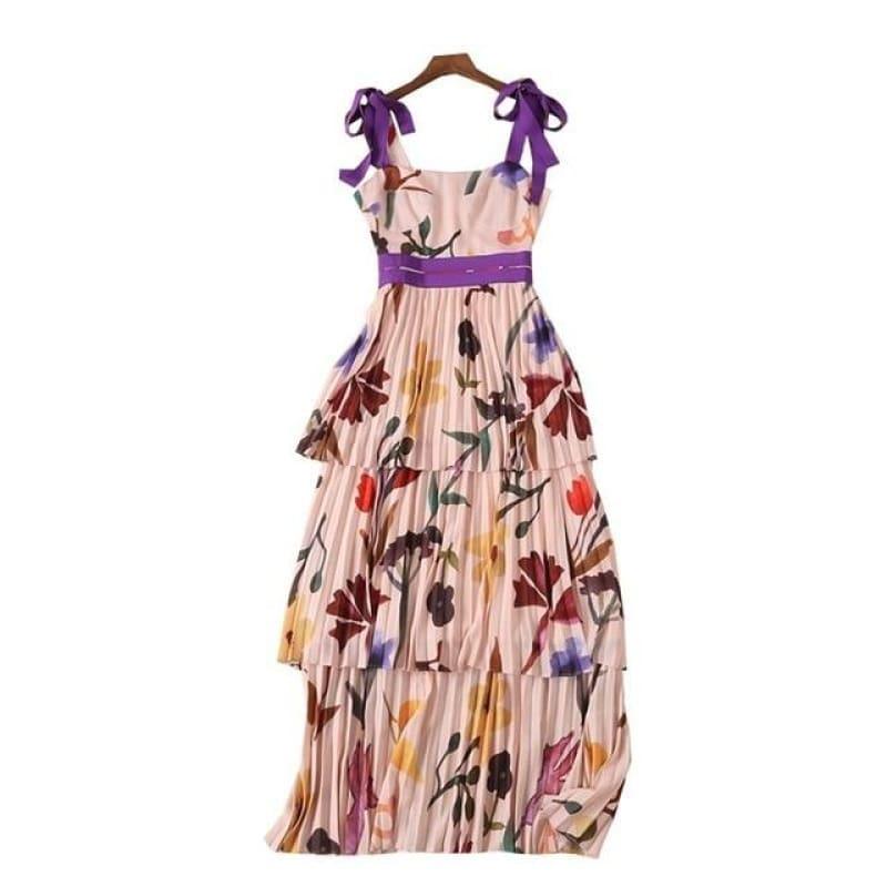 New Print Strap Sleeveless High Waist Floor Length Pleated Layered Maxi Dress - Pink / L - Gown