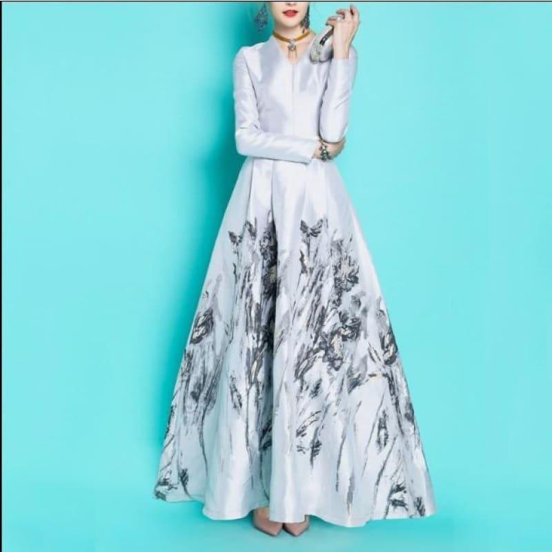 New SpringV Collar Luxury Long Jacquard Full Sleeve Retro Maxi Long Dress - maxi dress