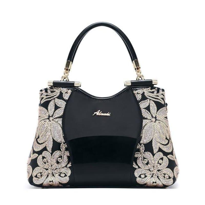 New Women Patent Leather Handbags Sequin Embroidery Luxury Shoulder Crossbody Bag - Black - Handbag