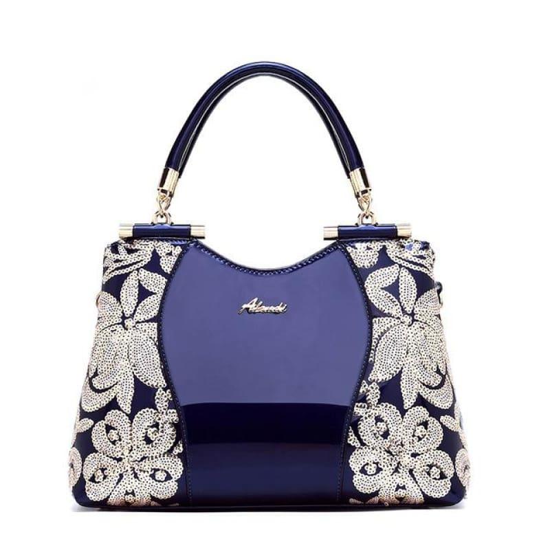 New Women Patent Leather Handbags Sequin Embroidery Luxury Shoulder Crossbody Bag - Blue - Handbag